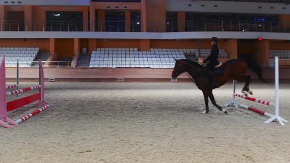 Equestrian Sports  a Woman Running and Jumping Over the Series of Barriers on the Horseback alt
