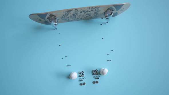 Skateboard assembly process. Elements of the board combining in order. Render 4k alt