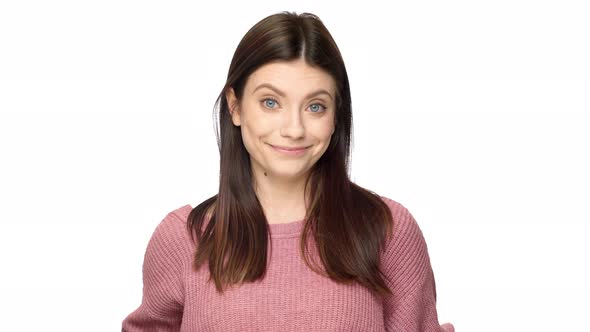 Portrait of Middle Aged Woman Smiling with White Perfect Teeth and Nodding with Flirty Emotions alt