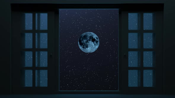 Animation view through the window to the full moon