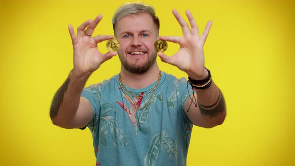 Bearded Man Showing Golden Bitcoins Career Cryptocurrency Investment Mining Future Technology alt