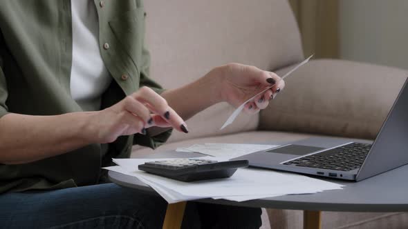 Close Up Female Old Hands of Senior Woman Housewife Businesswoman Holding Check Account Counting on alt