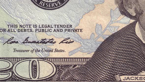 20 USD close-up motion. Twenty cash american dollars macro view background
