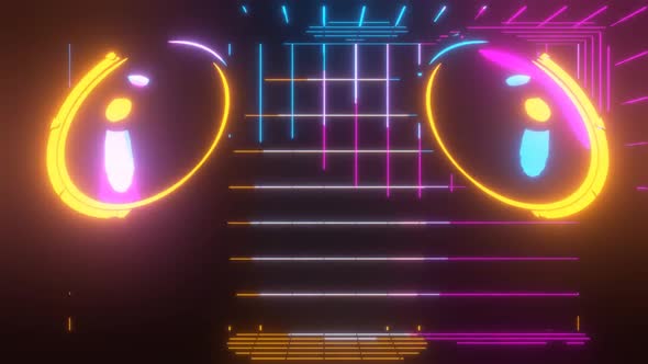 Colorful glowing acoustic speakers. Neon 80s retro style