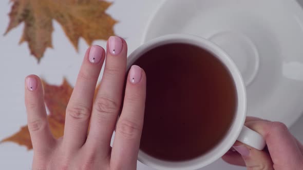 Woman Showing Hands with Beautiful Nude Manicure Holding Autumn Leaves alt