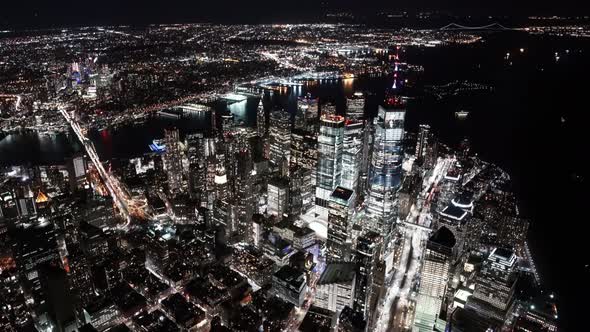 New York City, USA, Real-time video - Wide Angle Aerial video of the One World Trade Center at Night alt