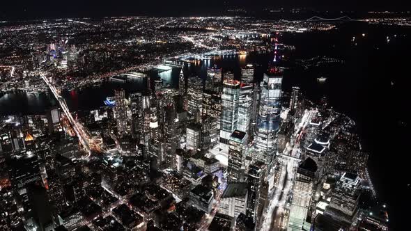 New York City, USA, Real-time video - Wide Angle Aerial video of the One World Trade Center at Night