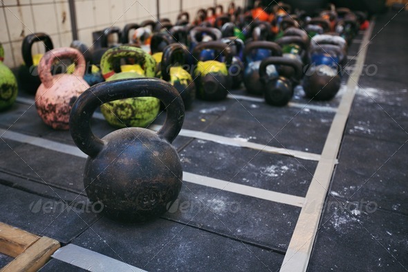 Kettlebell weights at a fitness club - Stock Photo - Images