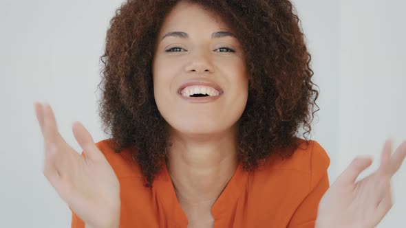 Portrait Closeup Enthusiastic Female Face Girl Shocked Lady with Curly Hair Woman Smiling Looking at alt