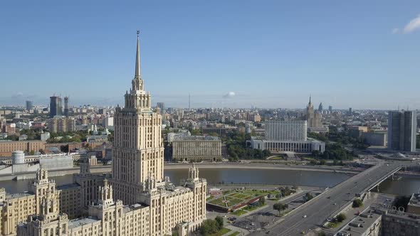 Aerial View of Hotel Ukraine in Moscow Old Soviet Russia Stalin High-rise Skyscrapers in Heart of alt