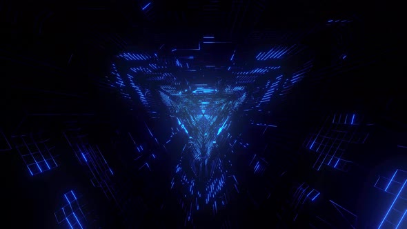 Flight into Abstract Neon Blue Triangle Sci-Fi Tunnel
