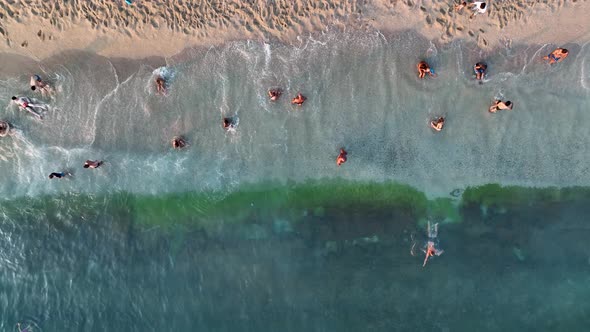 People swim in the azure sea aerial view 4 K Turkey Alanya alt