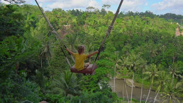 Little Boy Swings on Swings in a Tropical Surrounding. Travel To Bali Concept alt