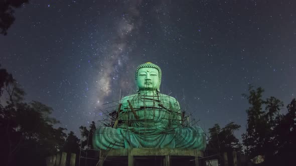 Giant Buddha with milky way moving in sky at night,
