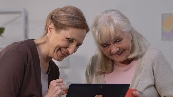 Senor Women Easily Coping With App on Tablet and Looking at Camera, Technologies alt