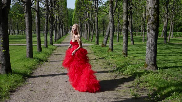 Alluring Blonde Lady in Red Dress is Running Over Path in Garden Camera is Following Her alt