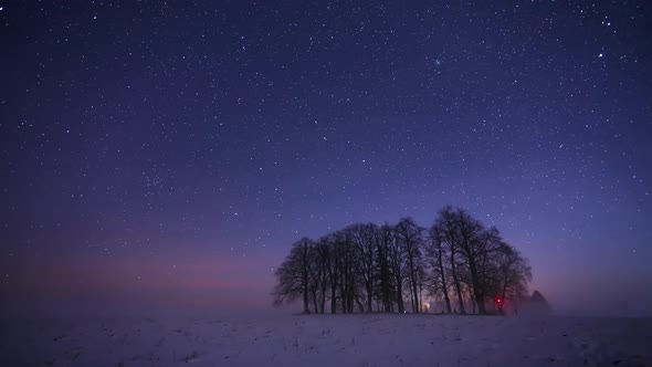 Starry constellations motion and rotating stars on winter night sky, universe outer space field 4k