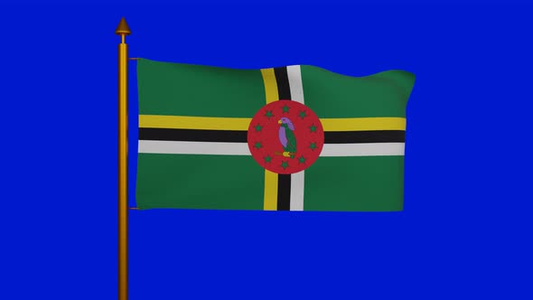 National flag of Dominica waving with flagpole on chroma key, Commonwealth of Dominica flag textile alt