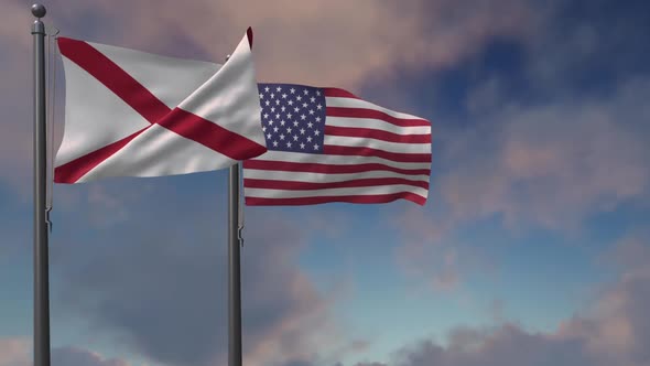 Alabama State Flag Waving Along With The National Flag Of The USA - 2K alt