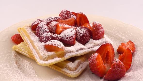 Belgian waffles with strawberry and powdered sugar on a plate on a white background. alt