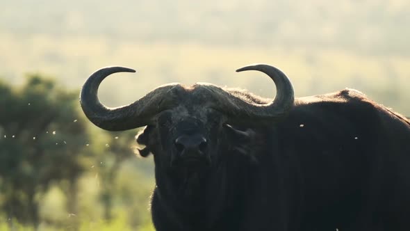 Flies Flying Around A Water Buffalo Standing Under The Sun At The Wilderness In Kenya - Closeup Shot alt