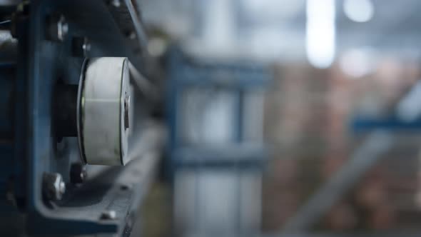 Closeup Warehouse Conveyor Part Moving Production Line System Belt Transporting alt