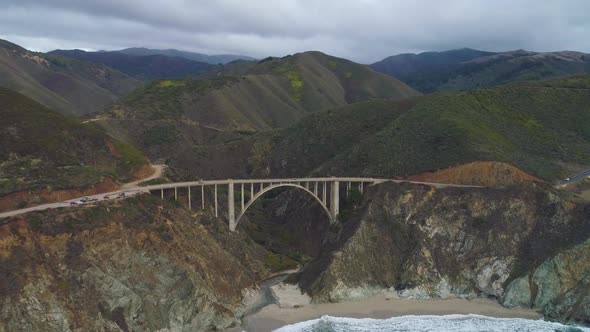 Bixby Creek Bridge and Pacific Ocean. Big Sur, California, USA. Aerial View alt