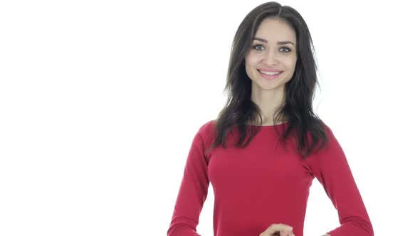 Amazed, Surprise, Excited Brunette Woman, White Background alt