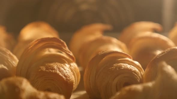 Dough made crescent rolls baking in the oven slow tilt 4K 2160p UltraHD footage - Slow tilt on crois alt