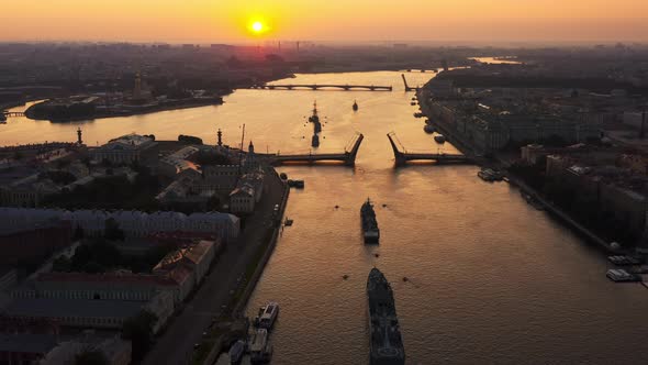 Aerial Landscape with Warships in the Neva River Before the Holiday of the Russian Navy at Early alt