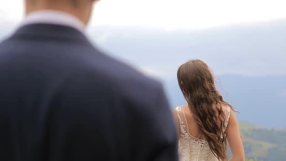 Happy Brides Bride and Groom Overlooking Beautiful Green Mountains alt