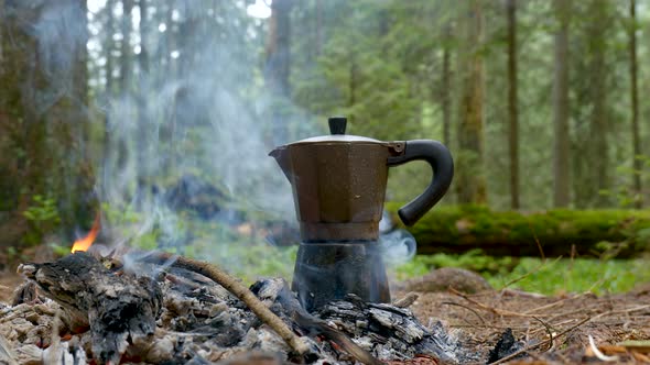 Coffee is Prepared in a Geyser Coffee Maker on a Campfire in the Forest alt
