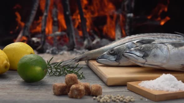 Lemons Brown Sugar and Sea Salt on the Background of Burning Fire alt