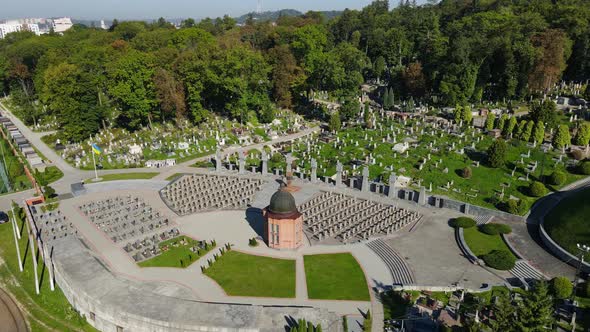 Aerial Shot The City Of Lviv. Lychakiv Cemetery Museum Reserve. Ukraine alt