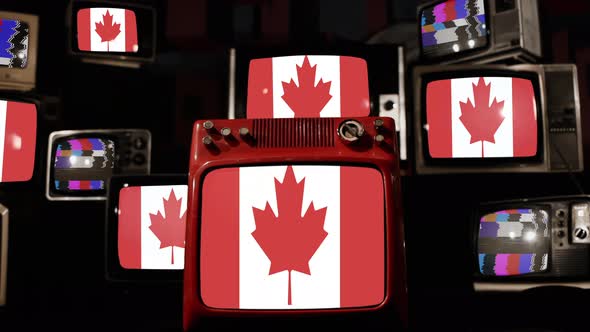 National Flag of Canada on Retro TVs. 4K Resolution.