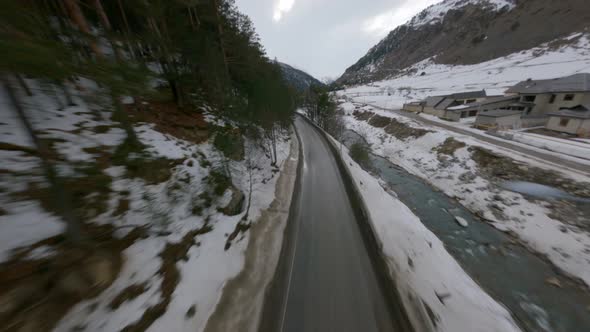 Aerial View Extreme Fpv Sport Drone Fast Movement Over Traffic Highway with Cars Mountain River alt