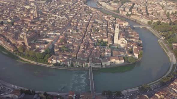 Aerial view of Florence historical cultural city churches cathedrals basilicas bridge on River Arno