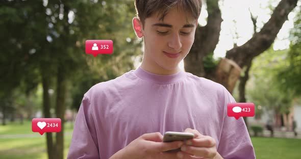 Young Men Use Phone Feel Happy at Sunlight Vlogger Influencer Animation with User Interface - Likes alt