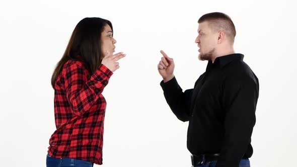 Woman and Man Very Emotional Quarrel. White alt