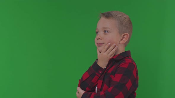 Portrait of Smart Little Boy with Blonde Hair Pointing Finger Up and Looking Inspired By Genius alt