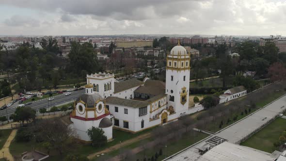 Aerial circle view of Antonio Ruiz Soler conservatory of dance surrounded by Sevilla. Spain