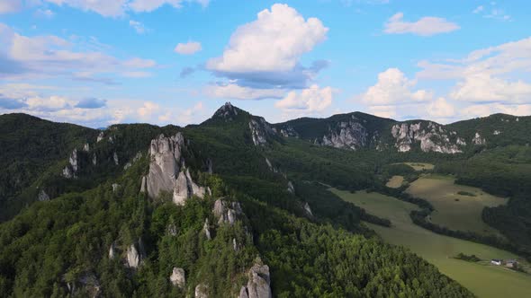Aerial view of the Sulov rocks nature reserve in the village of Sulov in Slovakia alt
