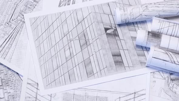 Background with architectural drawings. Sheets with sketches of buildings.