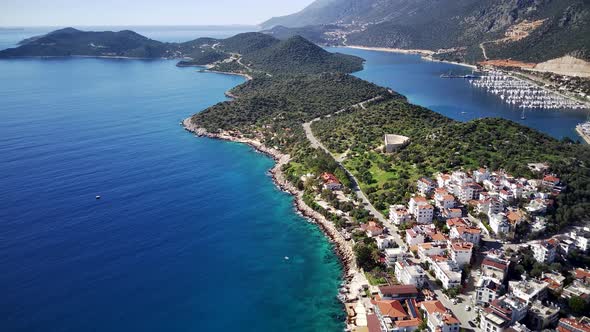 The top view from the drone of Kas resorts, bay, yahts, city in Mugla in Turkey alt