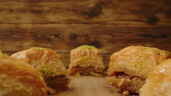 Eastern Sweets Baklava on Wooden Background Zoom in Video