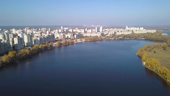 Aerial: Obolonska Quay in Obolon district in Kiyv, autumn time alt