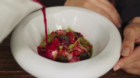 Traditional Ukrainian Russian Borscht Soup with White Beans on the Bowl alt