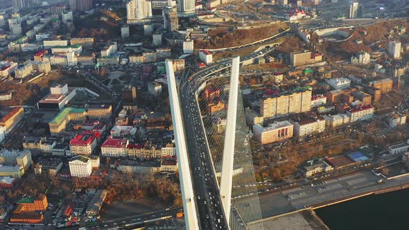 Beautiful Autumn Top View of Cablestayed Bridge with Hills at Sunrise alt