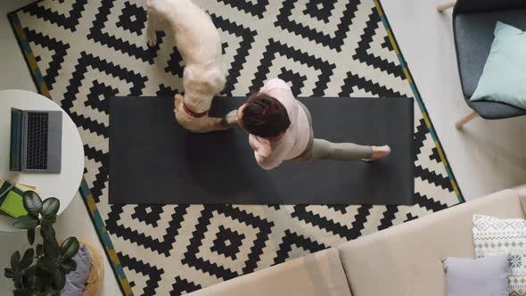 Woman Exercising at Home while Dog Walking Around alt