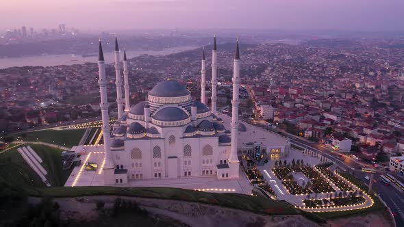 Aerial Drone View of Istanbul Camlica Mosque and Bosphorus, Biggest Mosque in Europa  alt